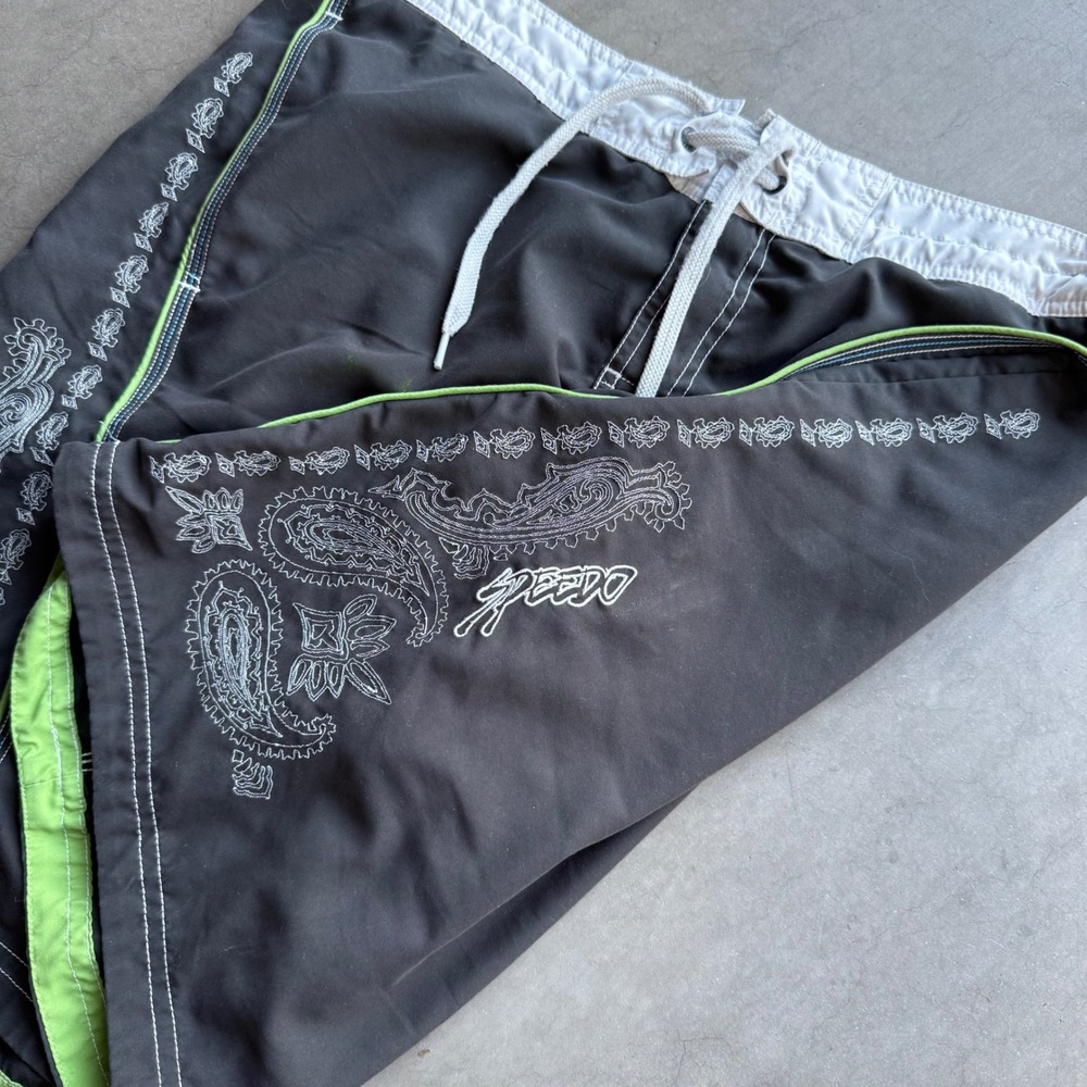 Speedo Mens Board Shorts Grey Lime Green Paisley Embroidered Swim Trunks L